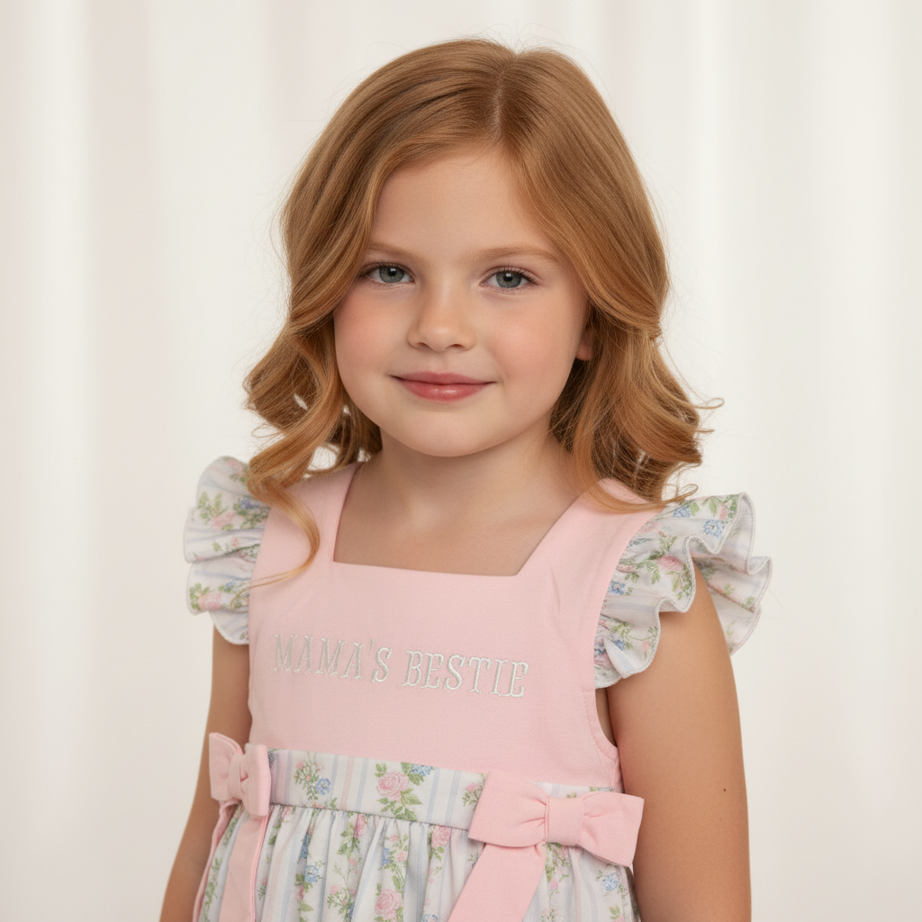 Mama's Bestie Girls Dress - waist up detail embroidery and bows