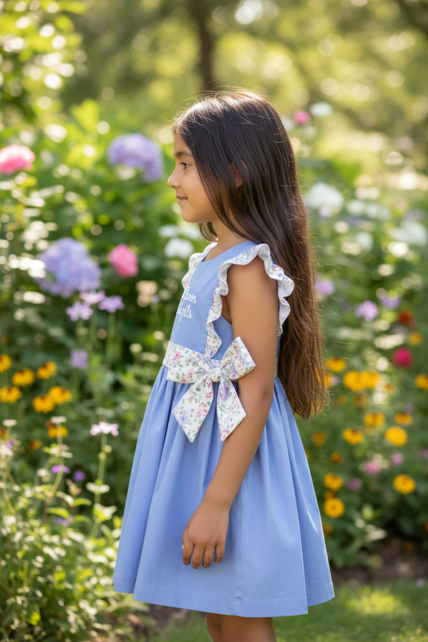 Side profile view of girl wearing Thank Heaven for Little Girls dress in garden