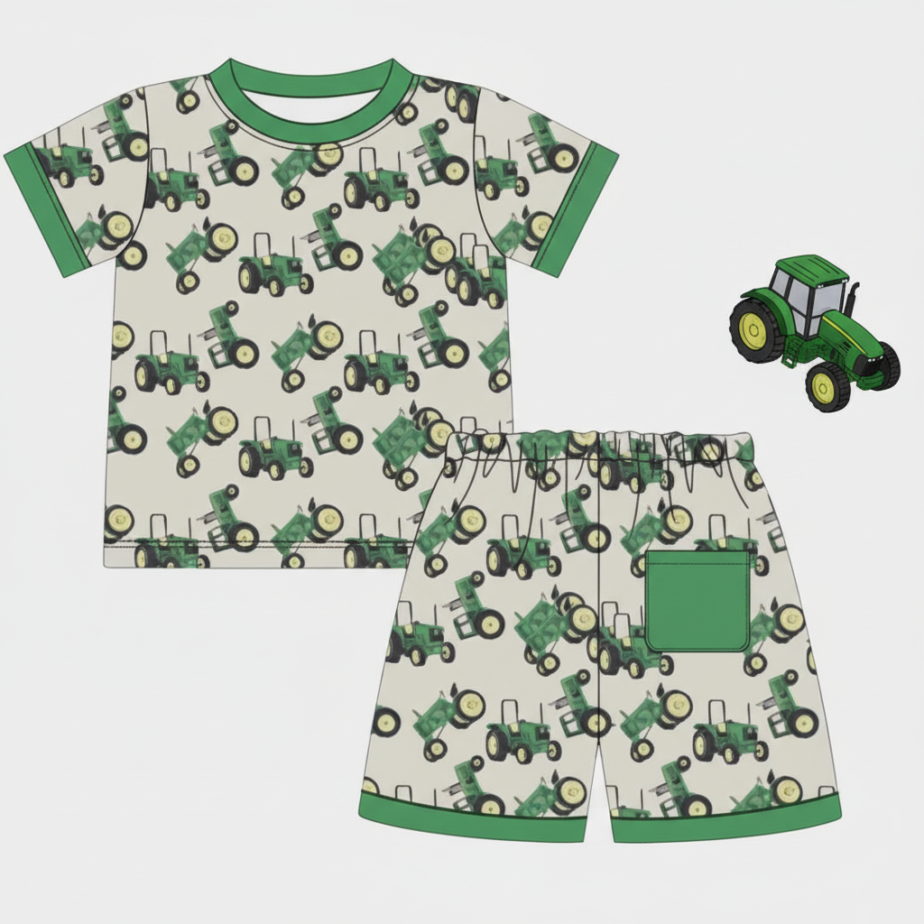 Boys Farm Tractor Lounge Set flat lay with toy tractor