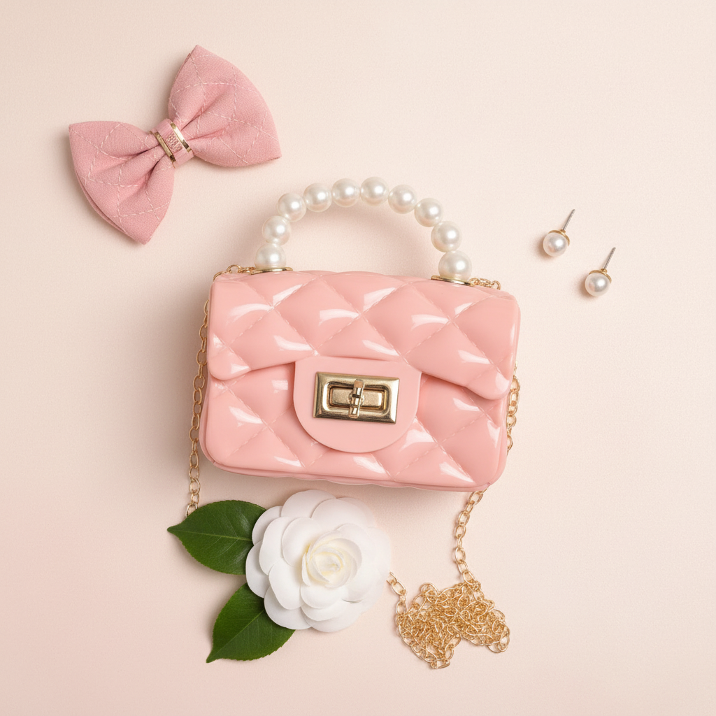 Pink purse styled with bow and florals flat lay
