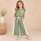 Girls olive floral flutter-sleeve top with baggy wide-leg windowpane pants