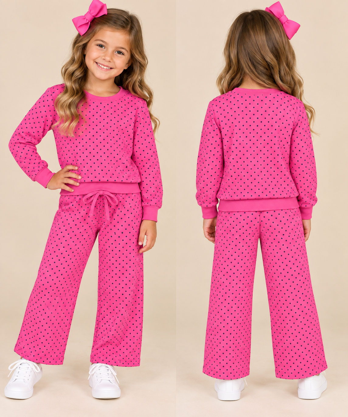 Girls mulberry pink sweatshirt and wide-leg pant set with navy dots, front and back view