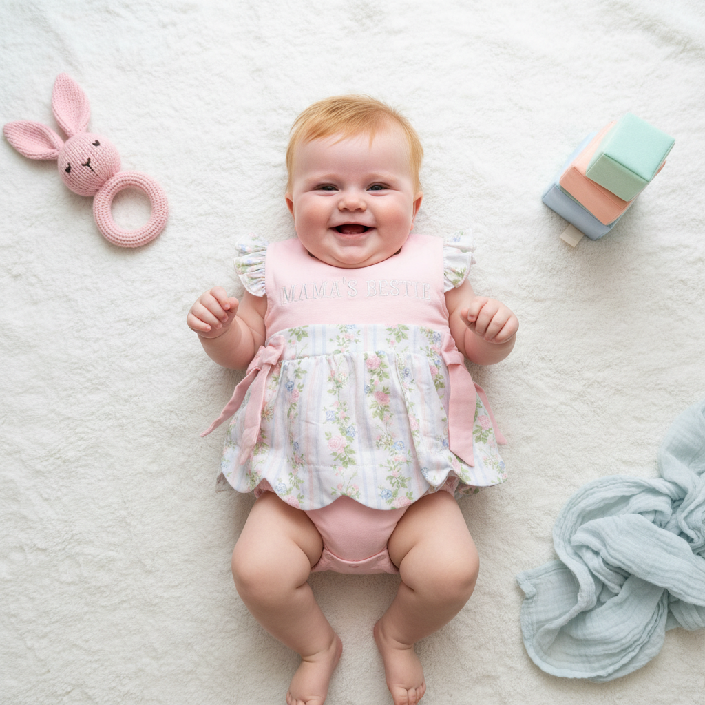 Mama's Bestie Baby Bubble Romper - overhead flat lay on white blanket