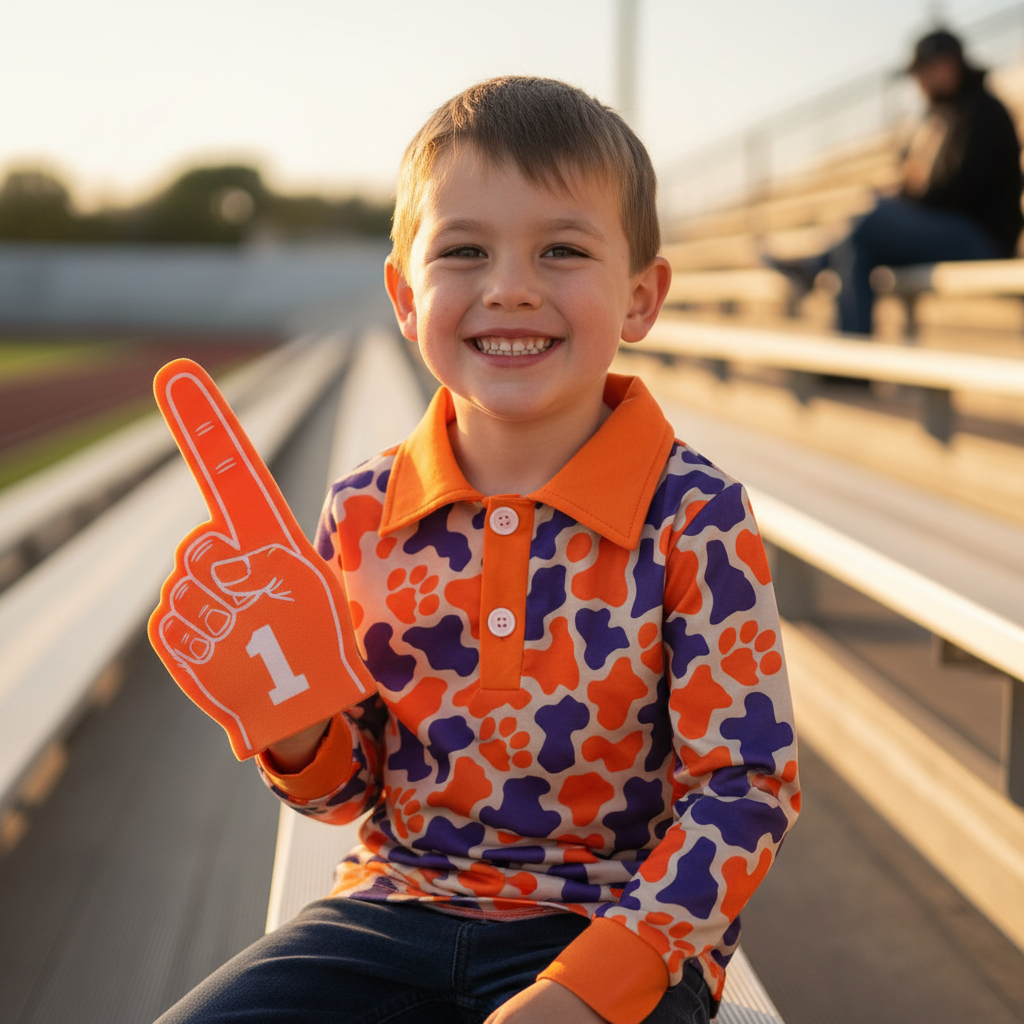 Boy wearing Tiger Cub Polo sitting on stadium bleachers with foam finger