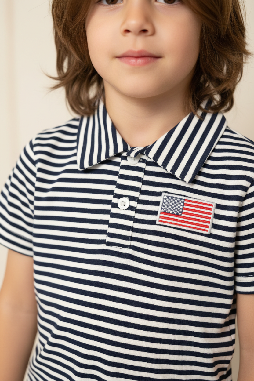 Close-up of American flag patch on navy stripe boys polo shirt
