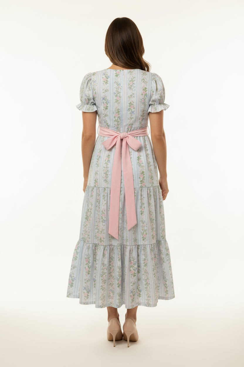 Woman wearing a floral dress with a pink belt on a white background