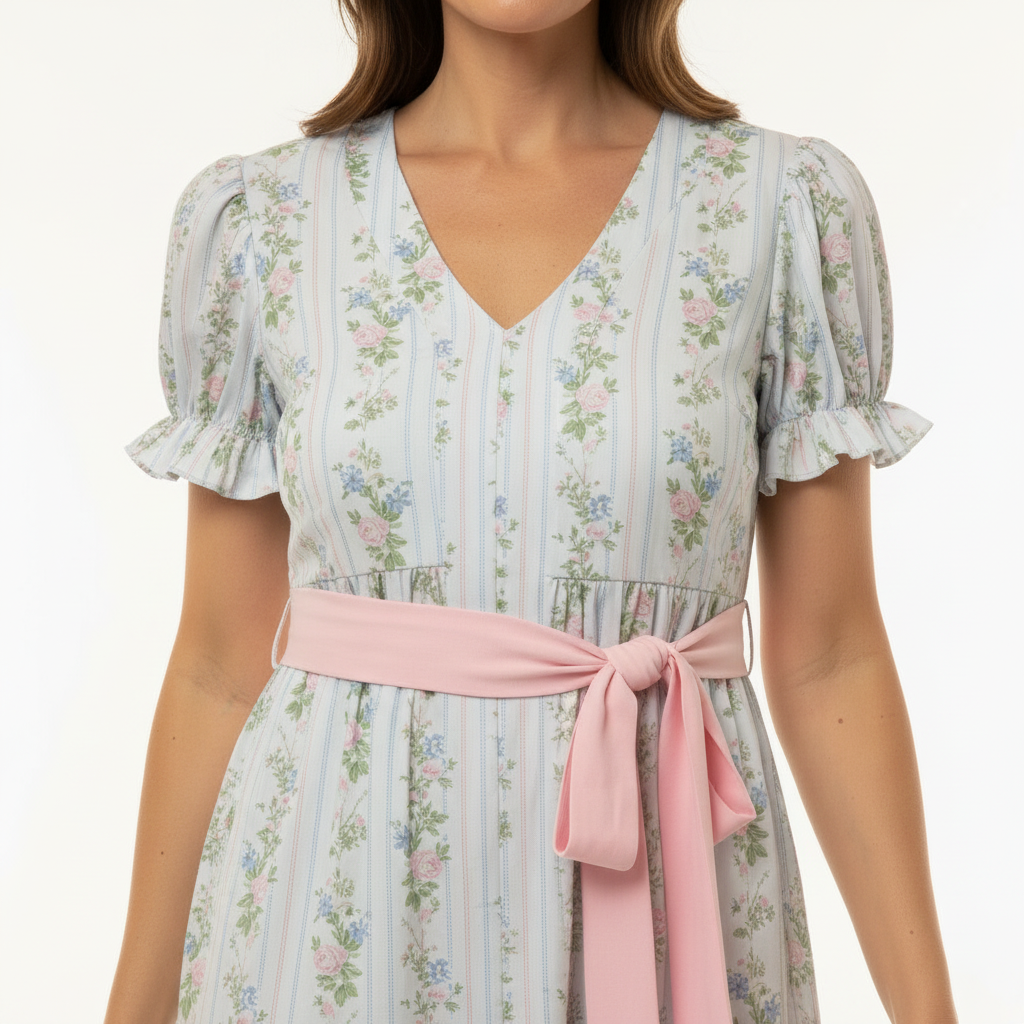 Floral dress with a pink belt worn by a model on a white background