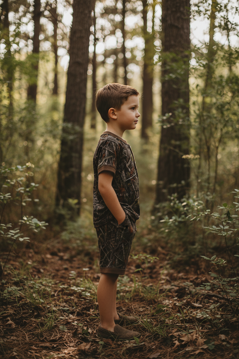 Side profile view of boy wearing dark brown camo lounge set outdoors