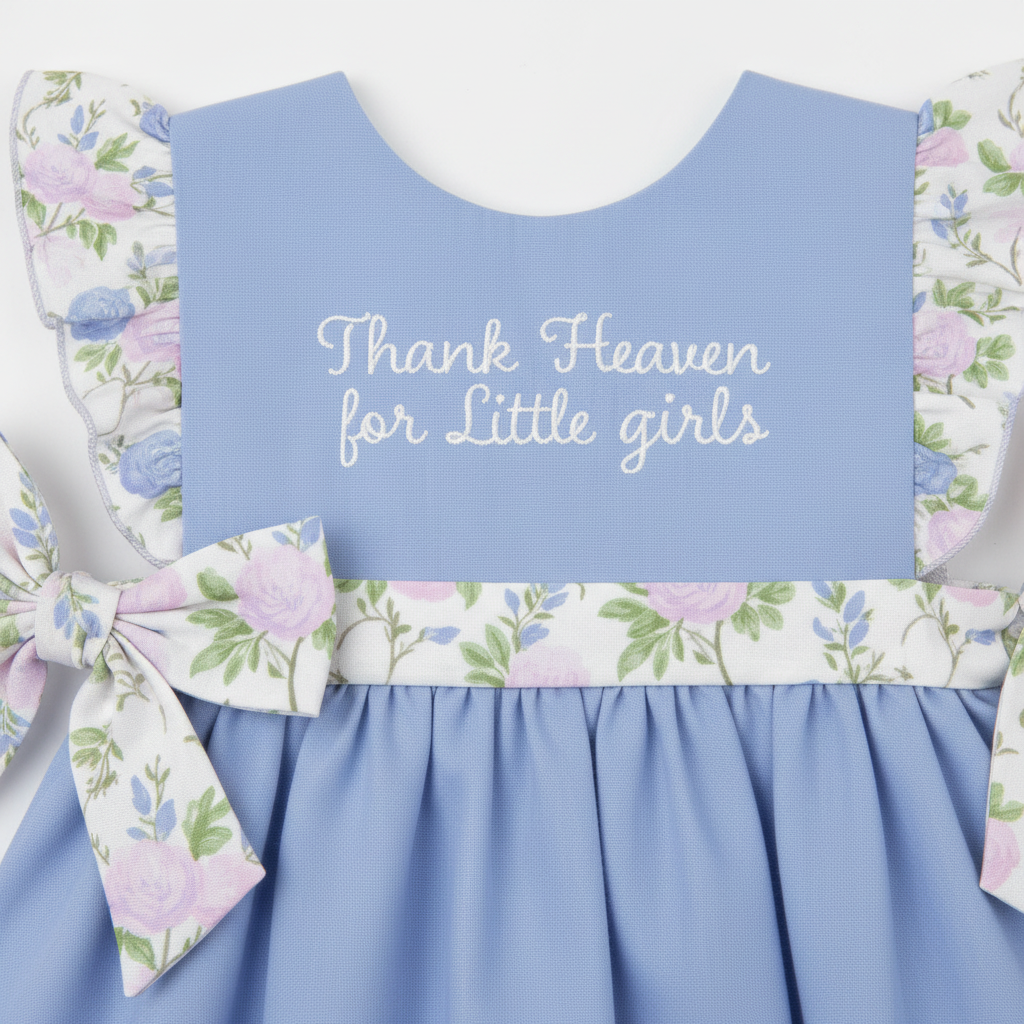 Close-up of embroidered bodice and flutter sleeve detail