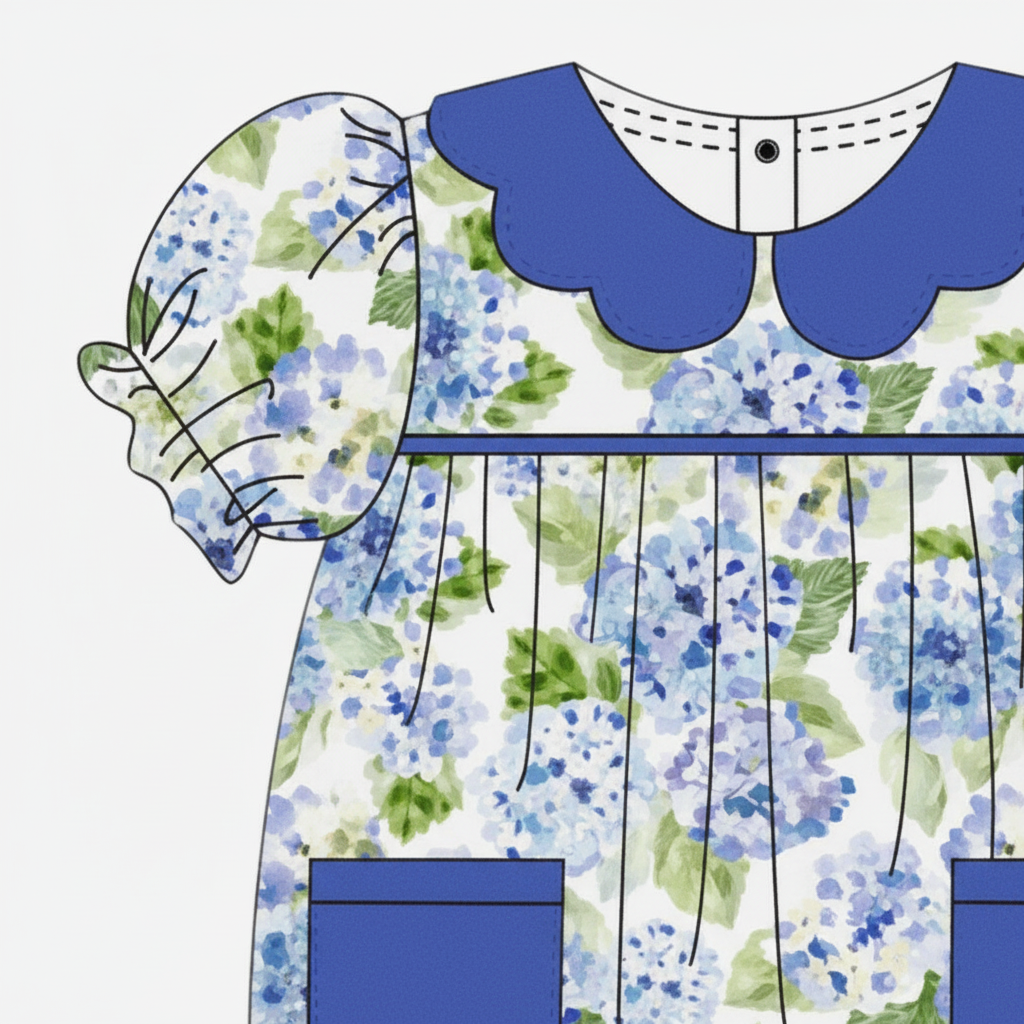 Close-up of Peter Pan collar and patch pocket detail on bubble romper