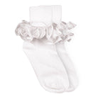 White sock with ruffled top on a white background