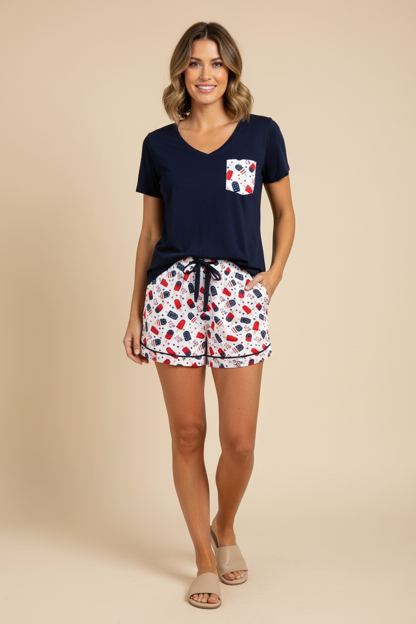 Mom Model wearing patriotic ice cream lounge wear.