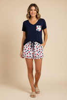 Mom Model wearing patriotic ice cream lounge wear.