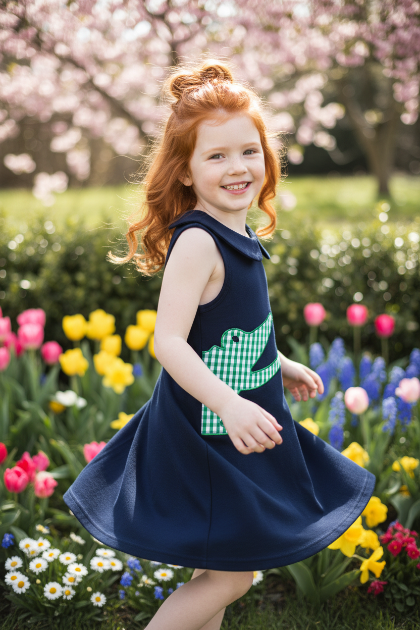 Navy Gator Bites Dress - Garden Twirl