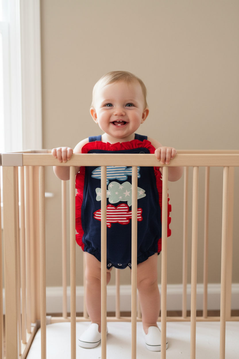 Baby girl model wearing a navy bubble trimmed in red ruffles. 