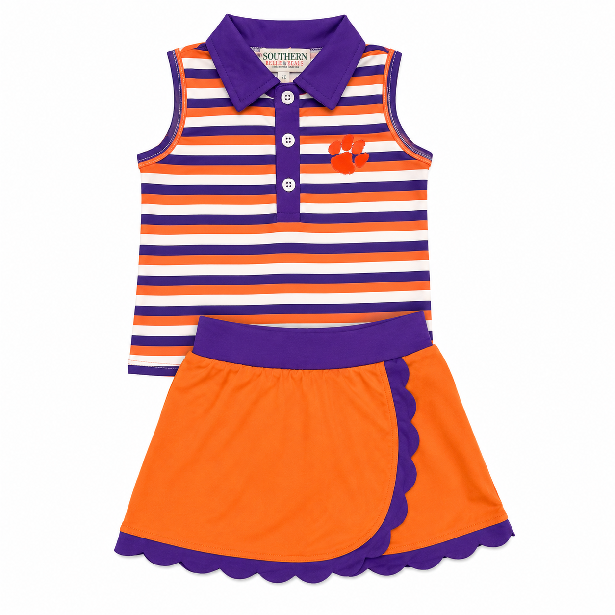 Girls orange and purple stripe mascot skort set front view