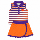 Girls orange and purple stripe mascot skort set front view
