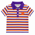 Boys orange and purple stripe mascot polo shirt front view