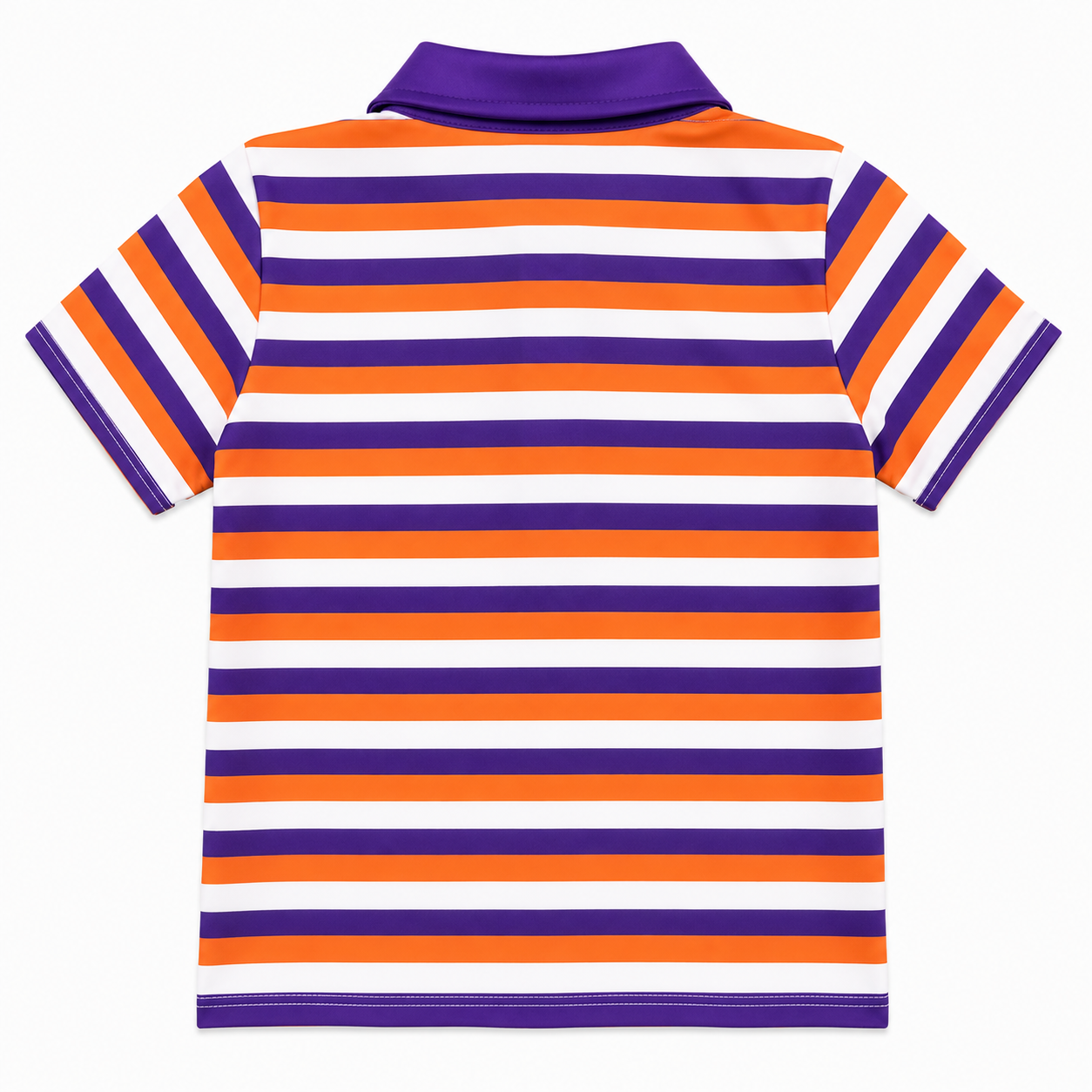 Boys orange and purple stripe mascot polo shirt back view