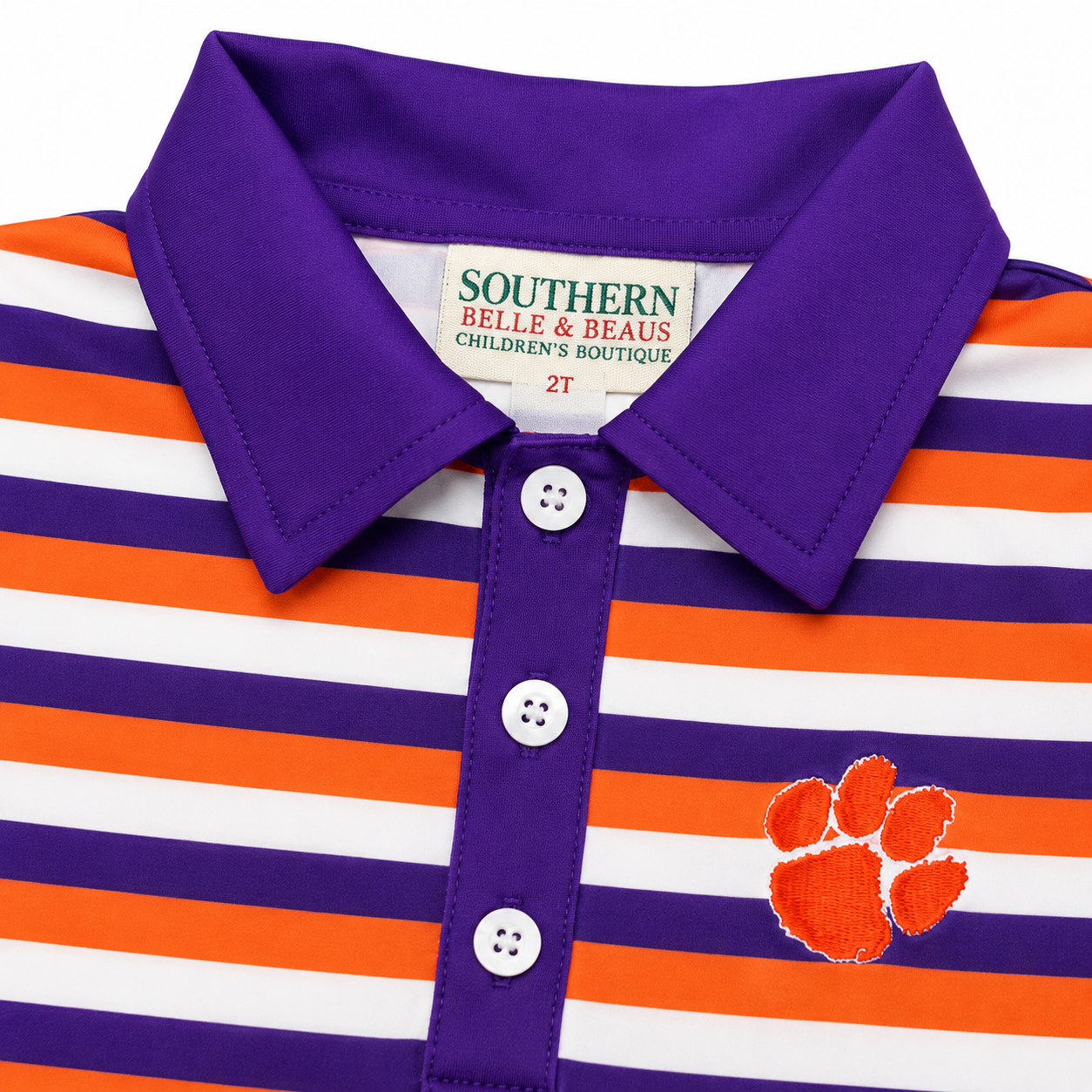 Boys orange and purple stripe mascot polo shirt collar and button detail