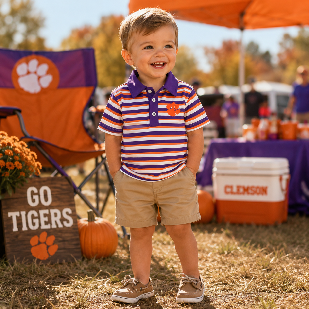 Boy wearing orange and purple stripe mascot polo at Clemson tailgate