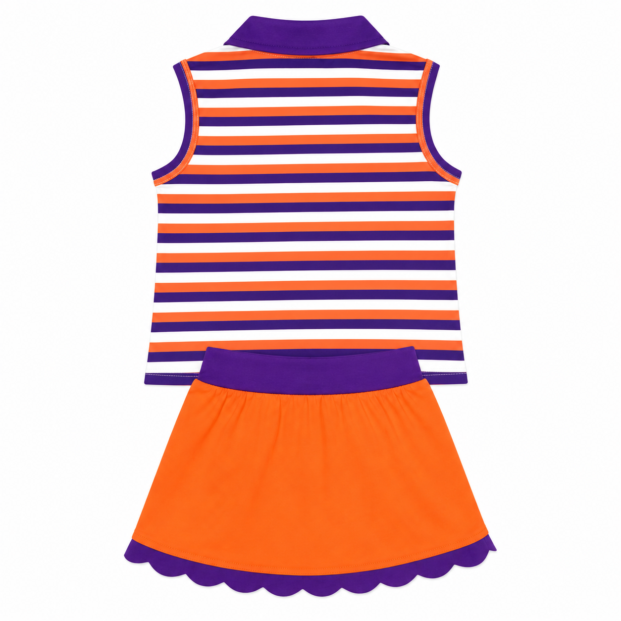 Girls orange and purple stripe mascot skort set back view