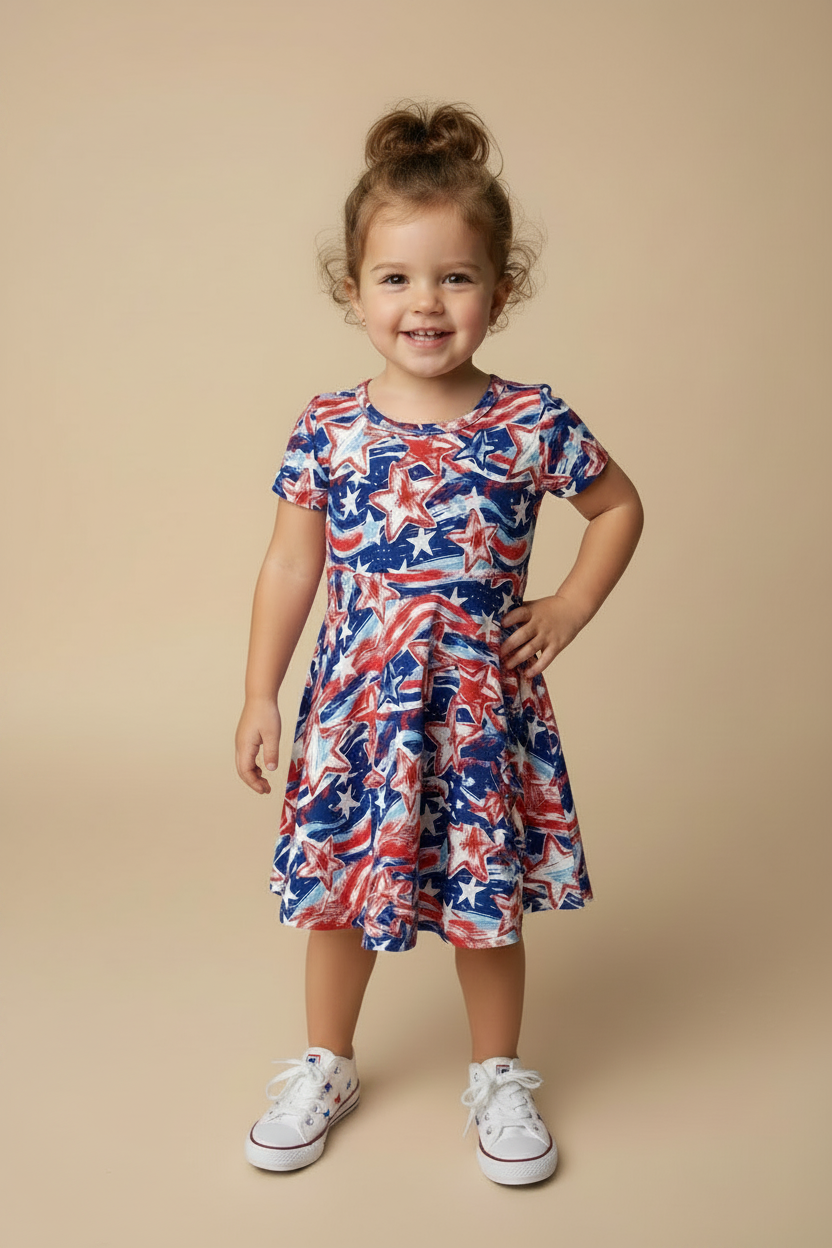 Toddler girl wearing a Patriotic Dress beige background. 