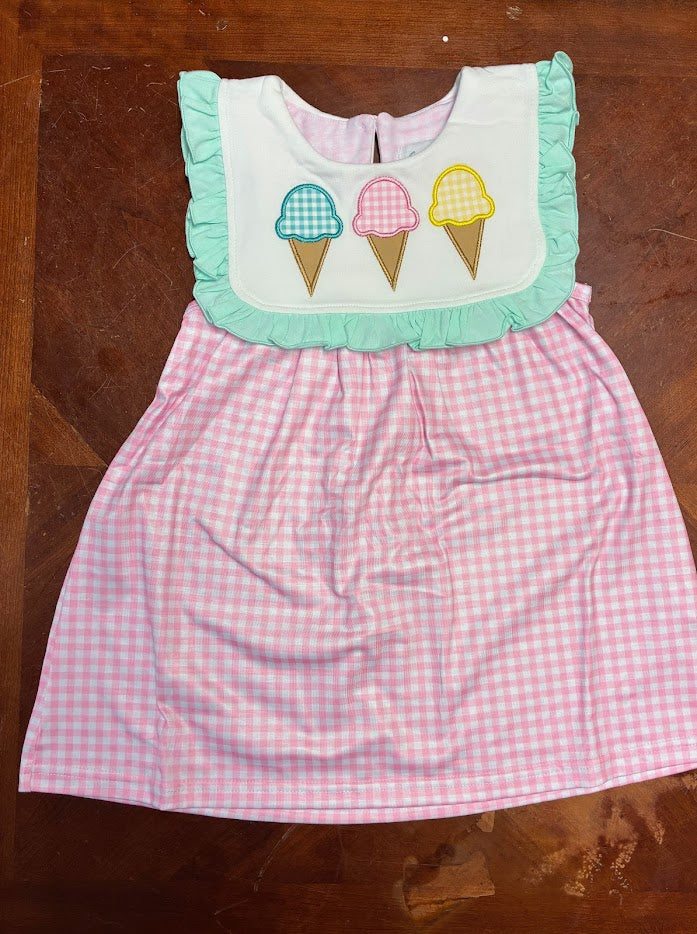 Ice Cream Applique Girl Dress, Pink Gingham