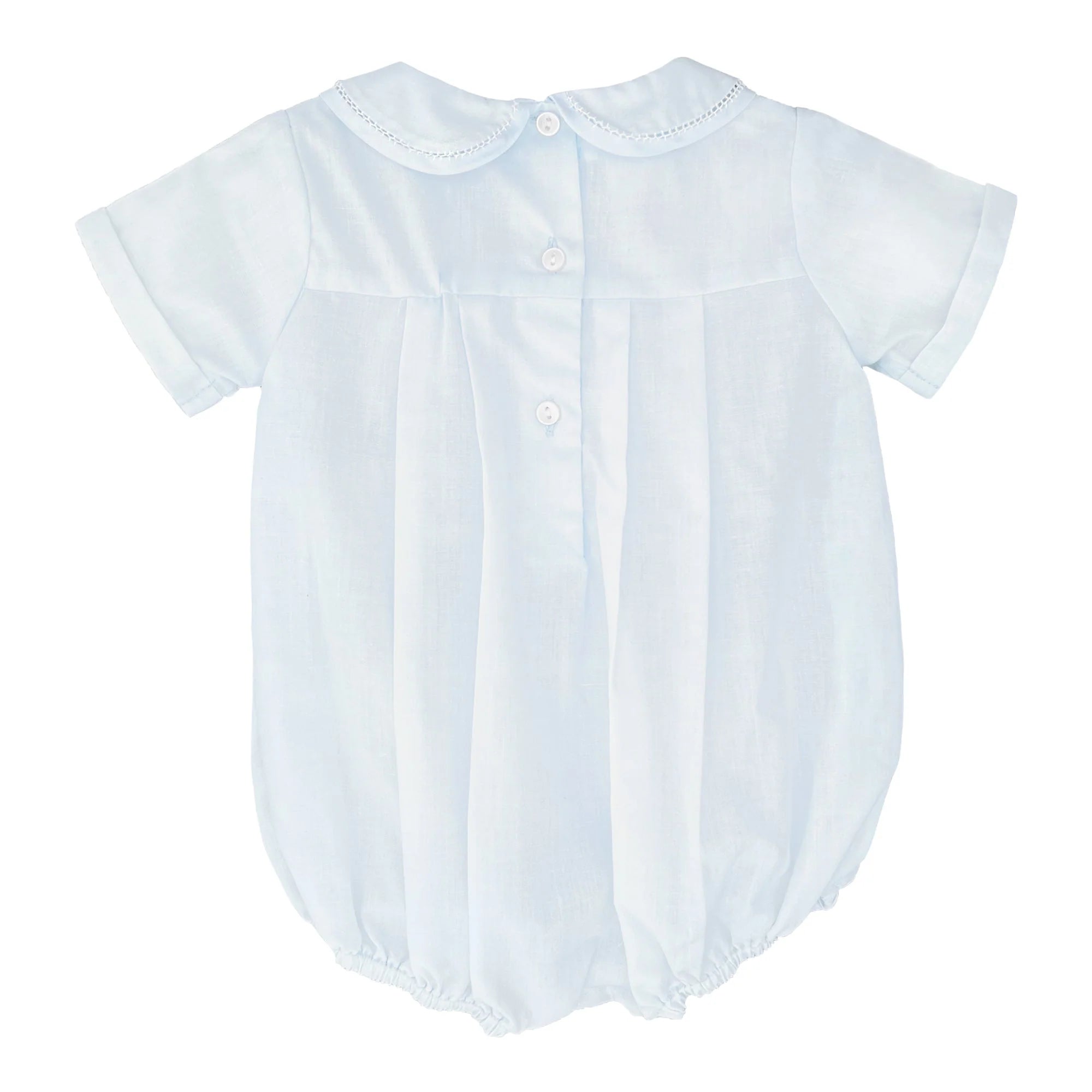 Light blue baby romper with short sleeves on a white background