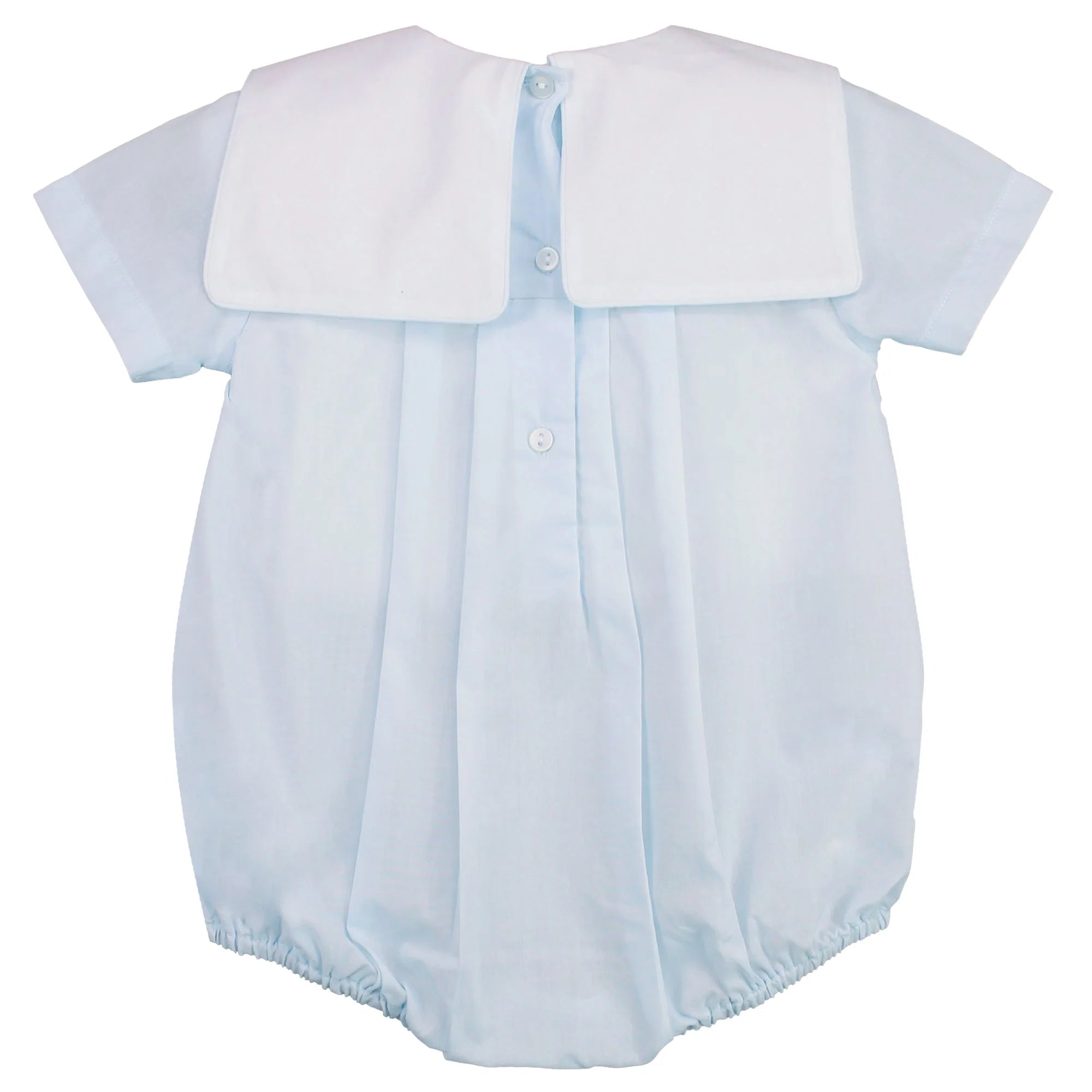 Light blue baby romper with white collar on a white background