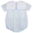 Light blue baby romper with white collar on a white background