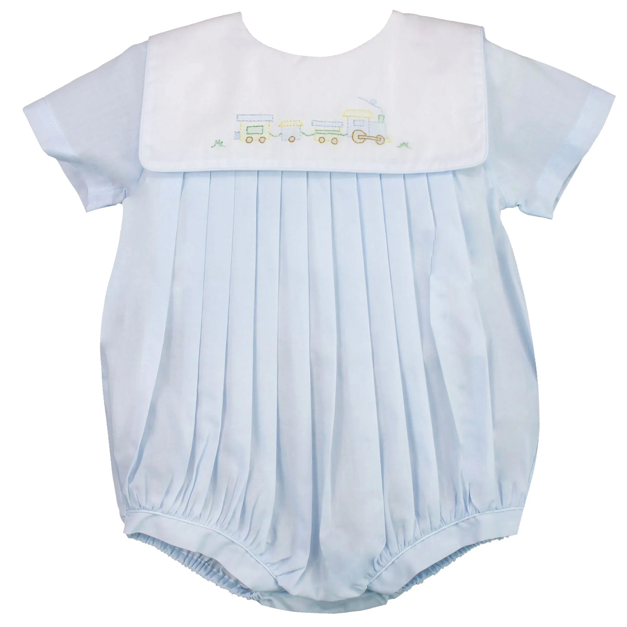 Baby romper with pleated skirt and embroidered design on a white background
