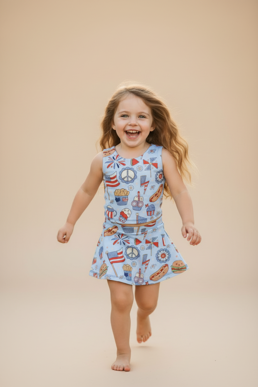 Girl with patriotic outfit on beige background.