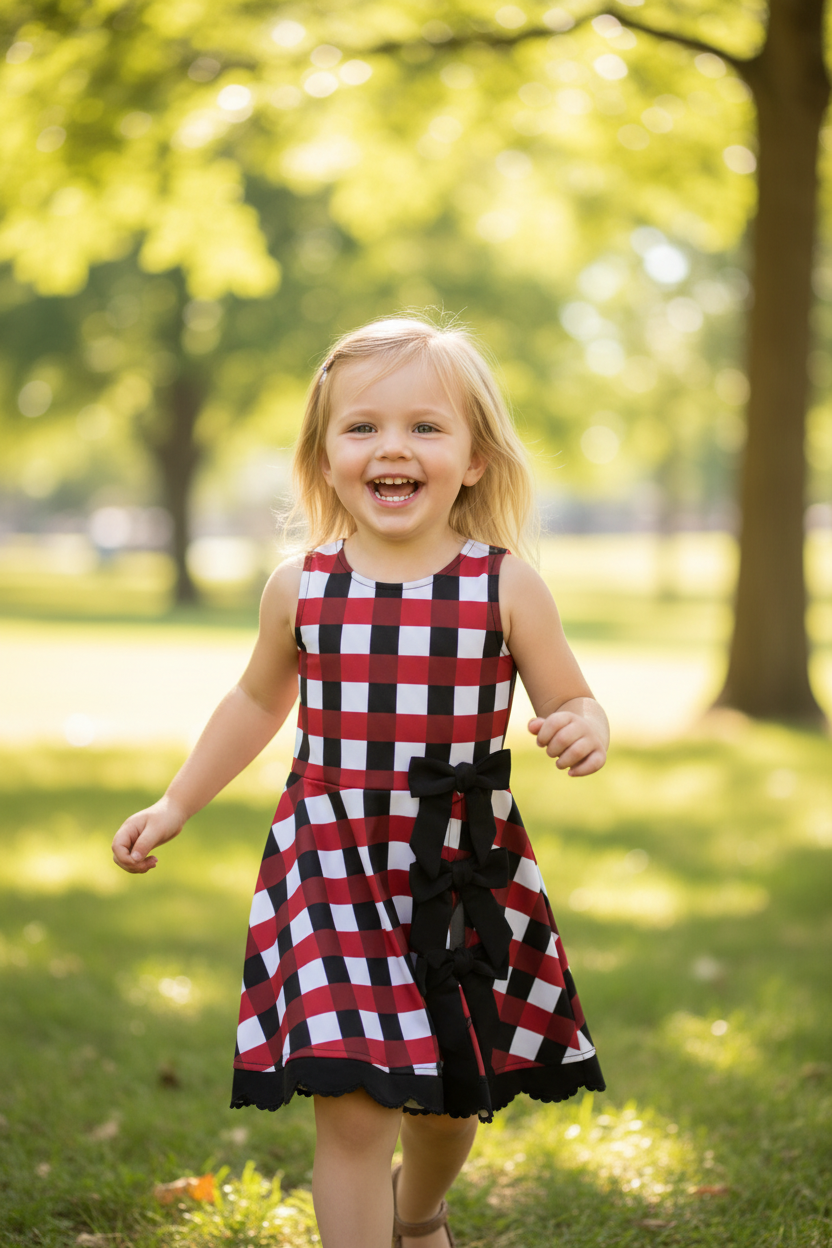 Buffalo plaid girls dress with 3 black bows. 
