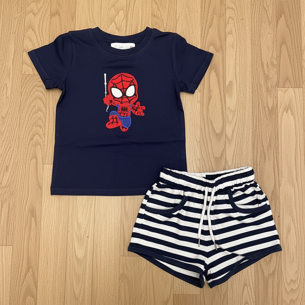 Spider Swingin' Boy Short Set - Light Hardwood Flat Lay