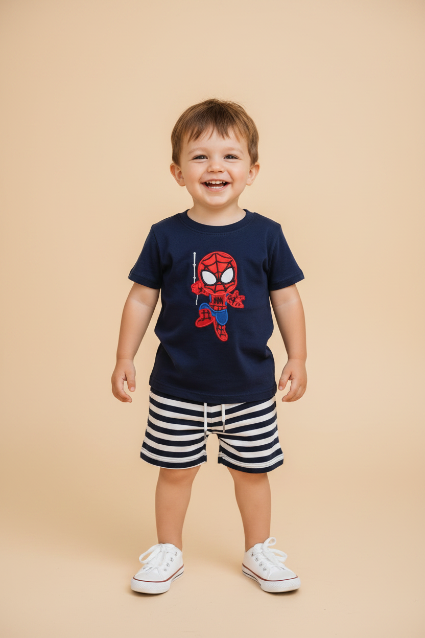 Toddler boy wearing a dark navy shirt with navy and white striped drawstring shorts, beige background.