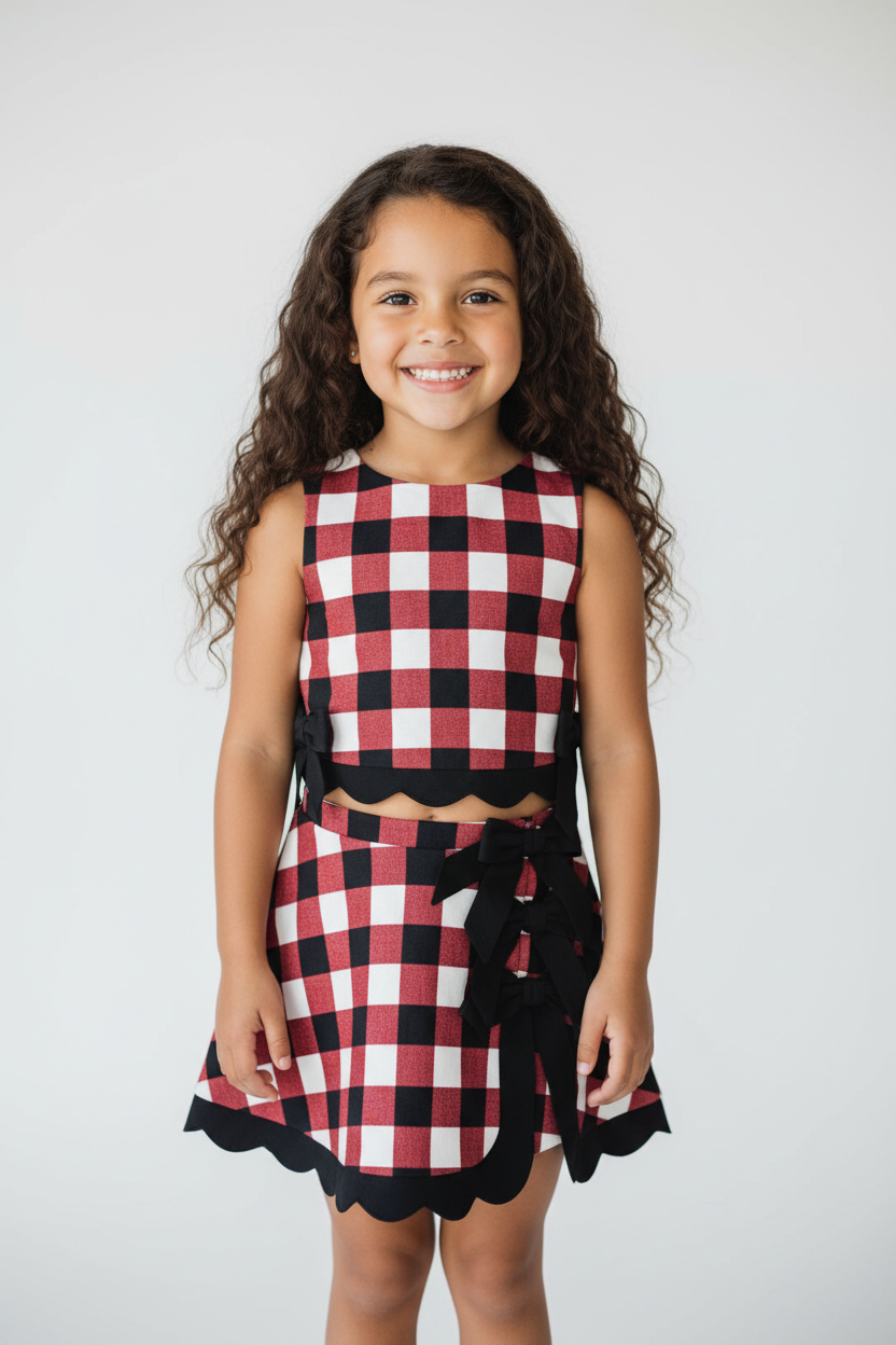 Girl wearing a buffalo plaid skort set.