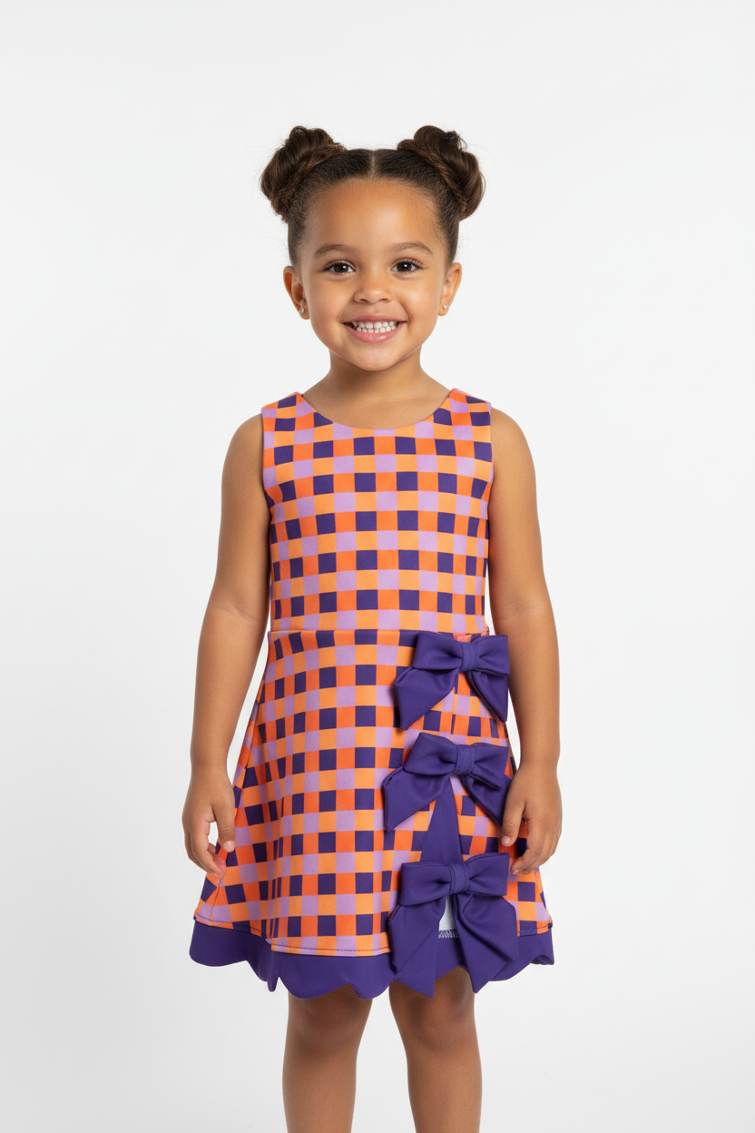 Little girl wearing a purple and orange checkered dress.