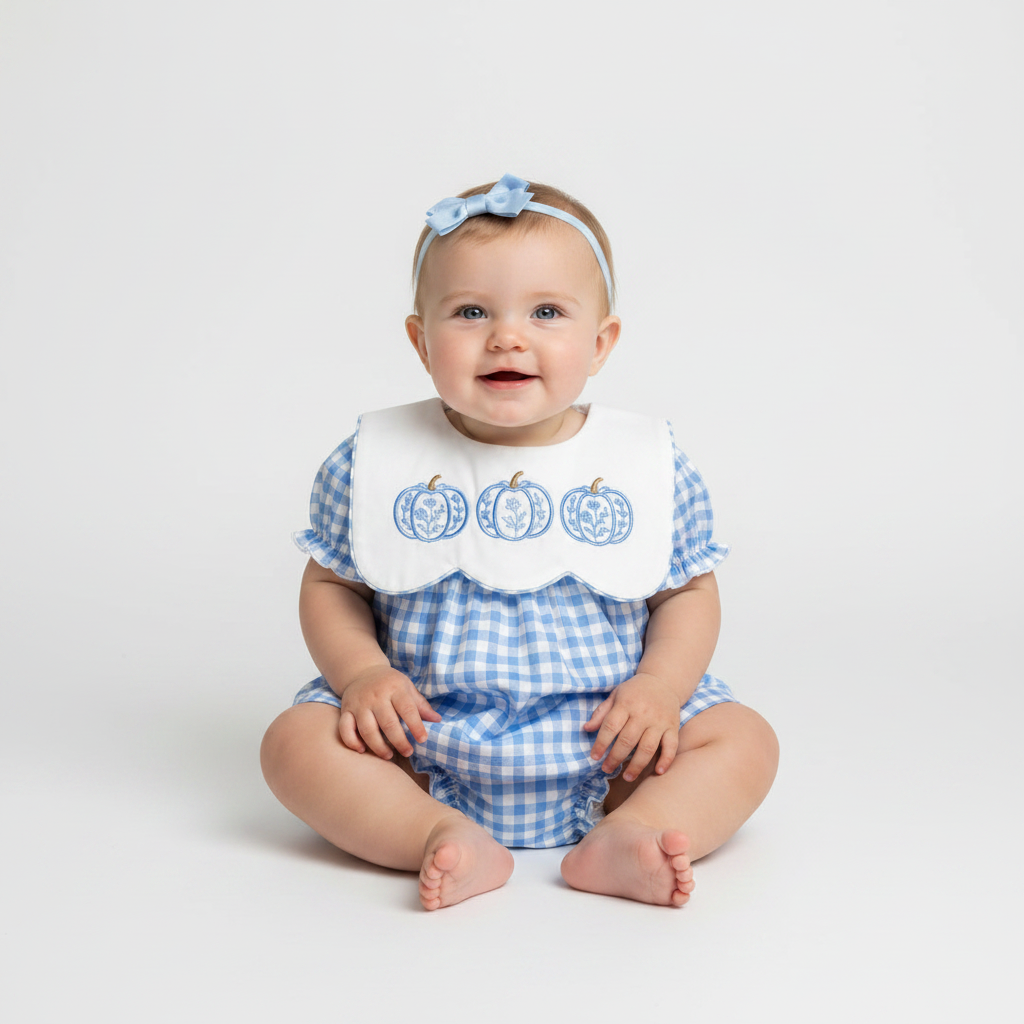 A baby sitting on a white studio background wearing a blue and white gingham romper, a white bib with blue embroidered pumpkins, and a matching blue bow headband.