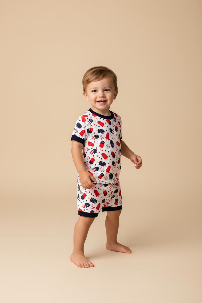 Toddler Boy wearing patriotic popsicle lounge.