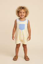 Toddler Boy - Yellow Gingham Romper - Beige Background